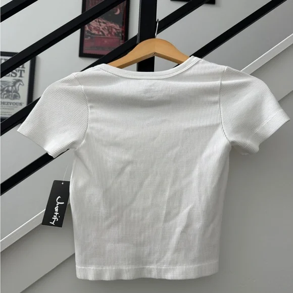 Justify White Ribbed Crop Top Small | Fitted Short Sleeve Scoop Neck - Picture 3 of 4